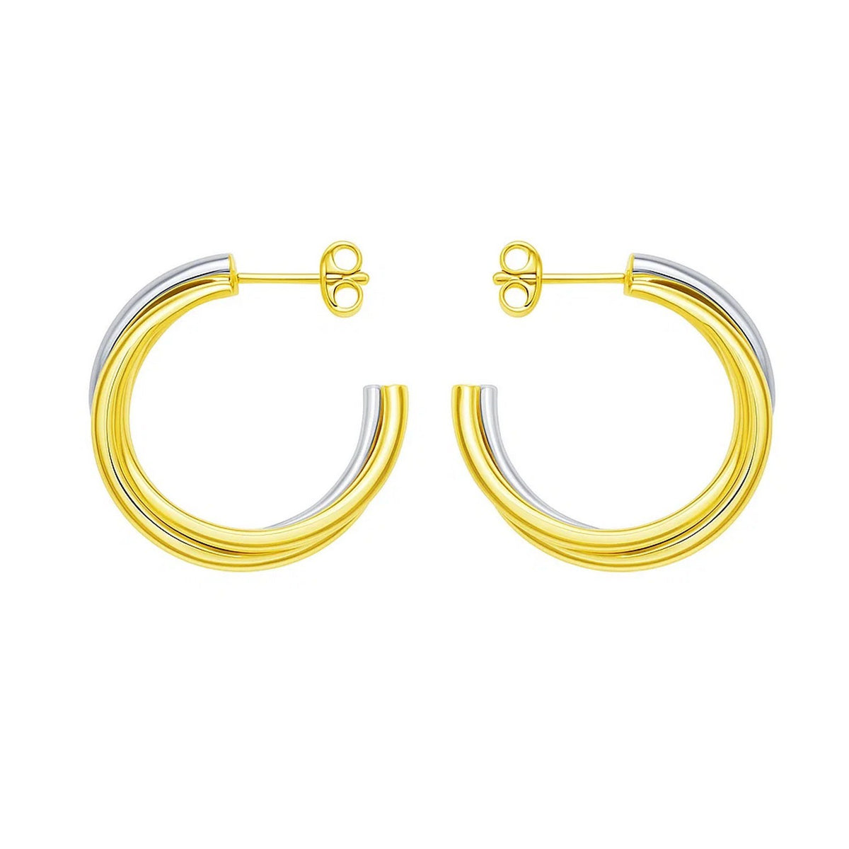 14K Two Tone Gold Interlocking Trinity C Hoop Earrings