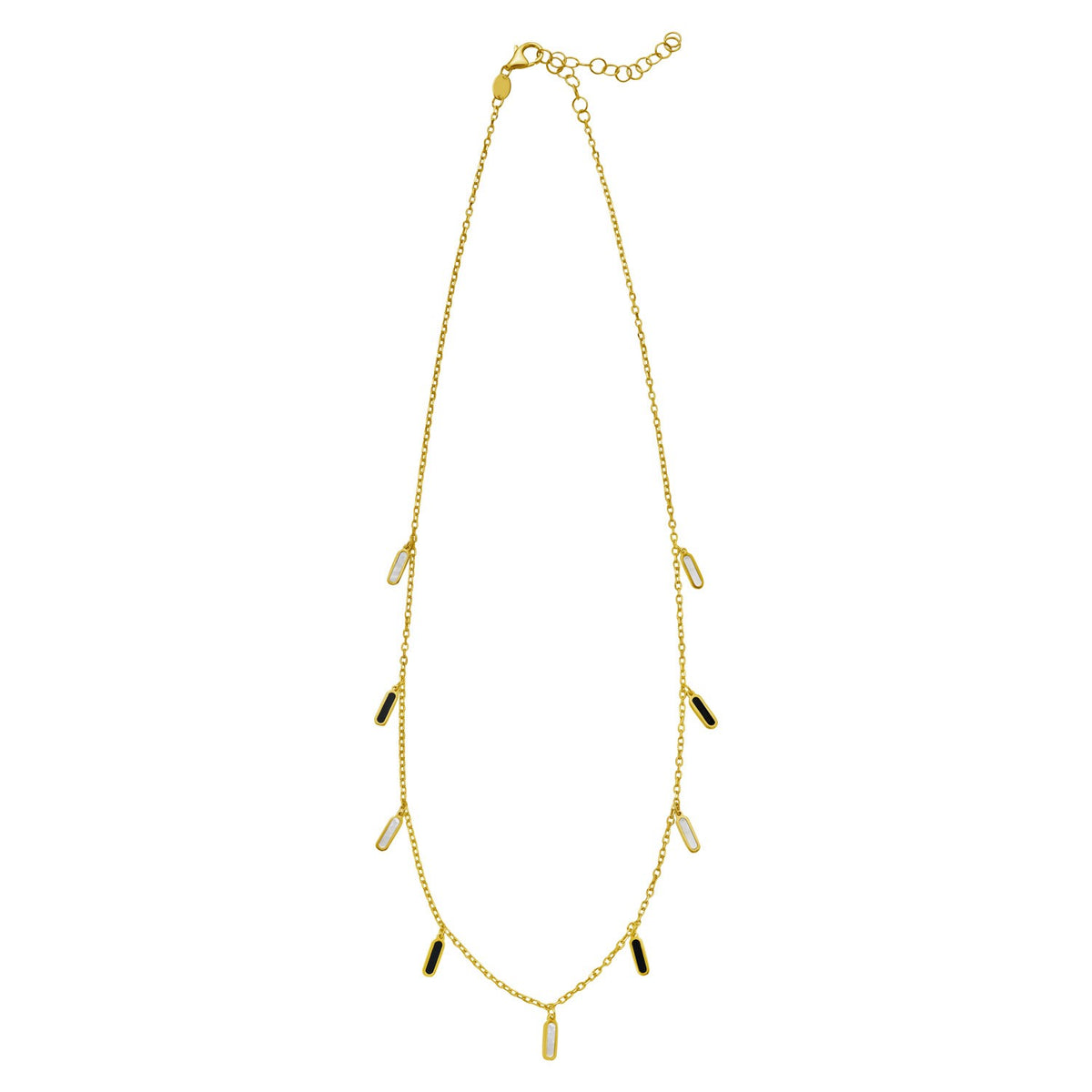 14K Yellow Gold Onyx And MOP Inlay Station Necklace