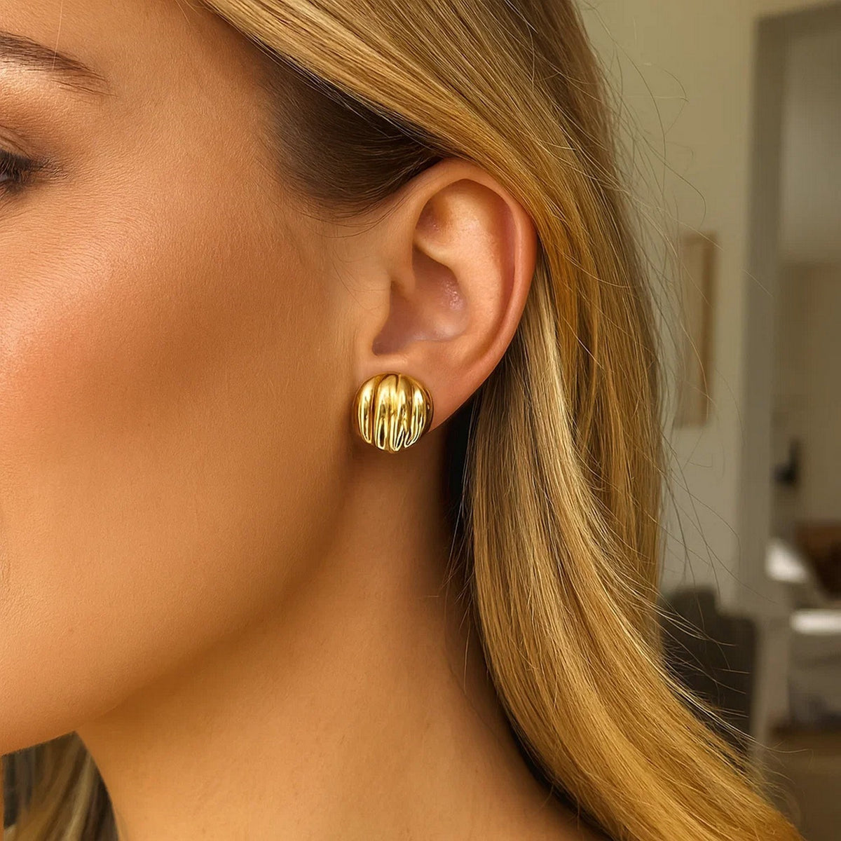 Sterling Silver Yellow Gold Plated Sculpted Domed Disc Stud Earrings