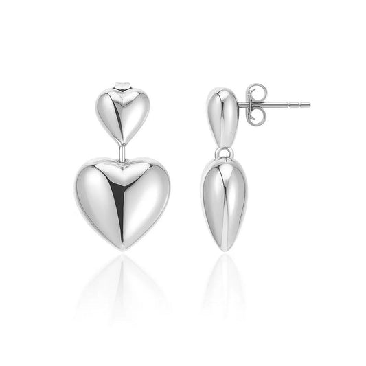 Sterling Silver Rhodium Plated Puffed Double Heart Drop Earrings