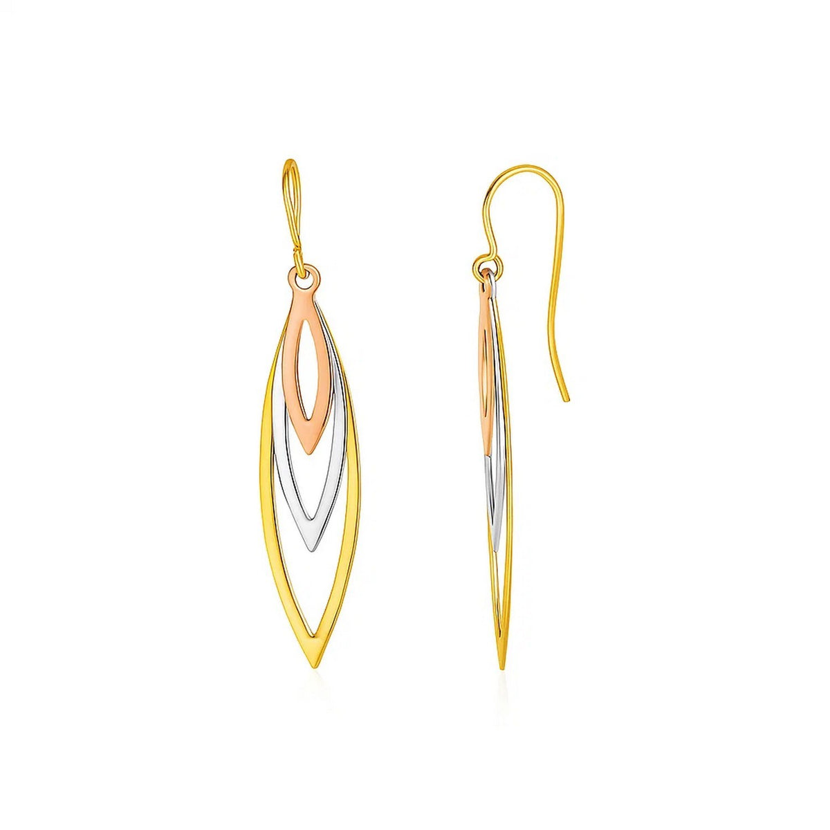 Tri-Tone Graduated Open Marquise Earrings in 10k Yellow,  White,  and Rose Gold