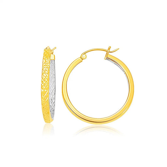 10K TwoTone Yellow and White Gold Petite Patterned Hoop Earrings(3x25mm)