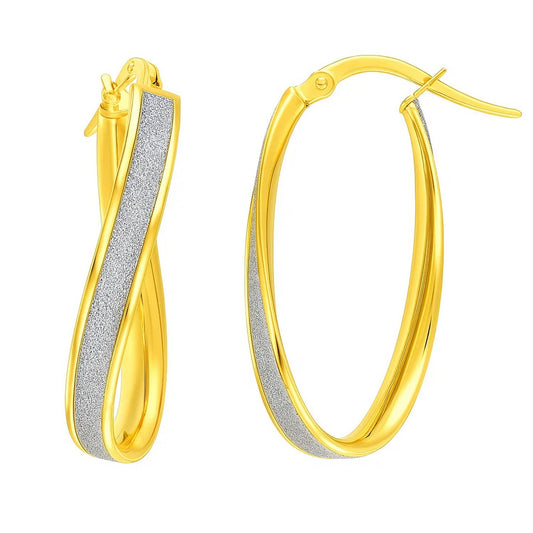 14k Two-Tone Gold Oval Hoop Twist Glittery Earrings