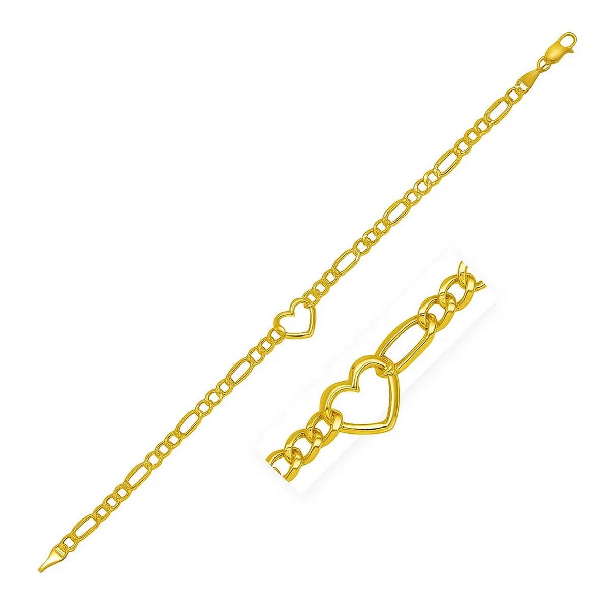 14k Yellow Gold 7 inch Figaro Chain Bracelet with Heart (4.50 mm)