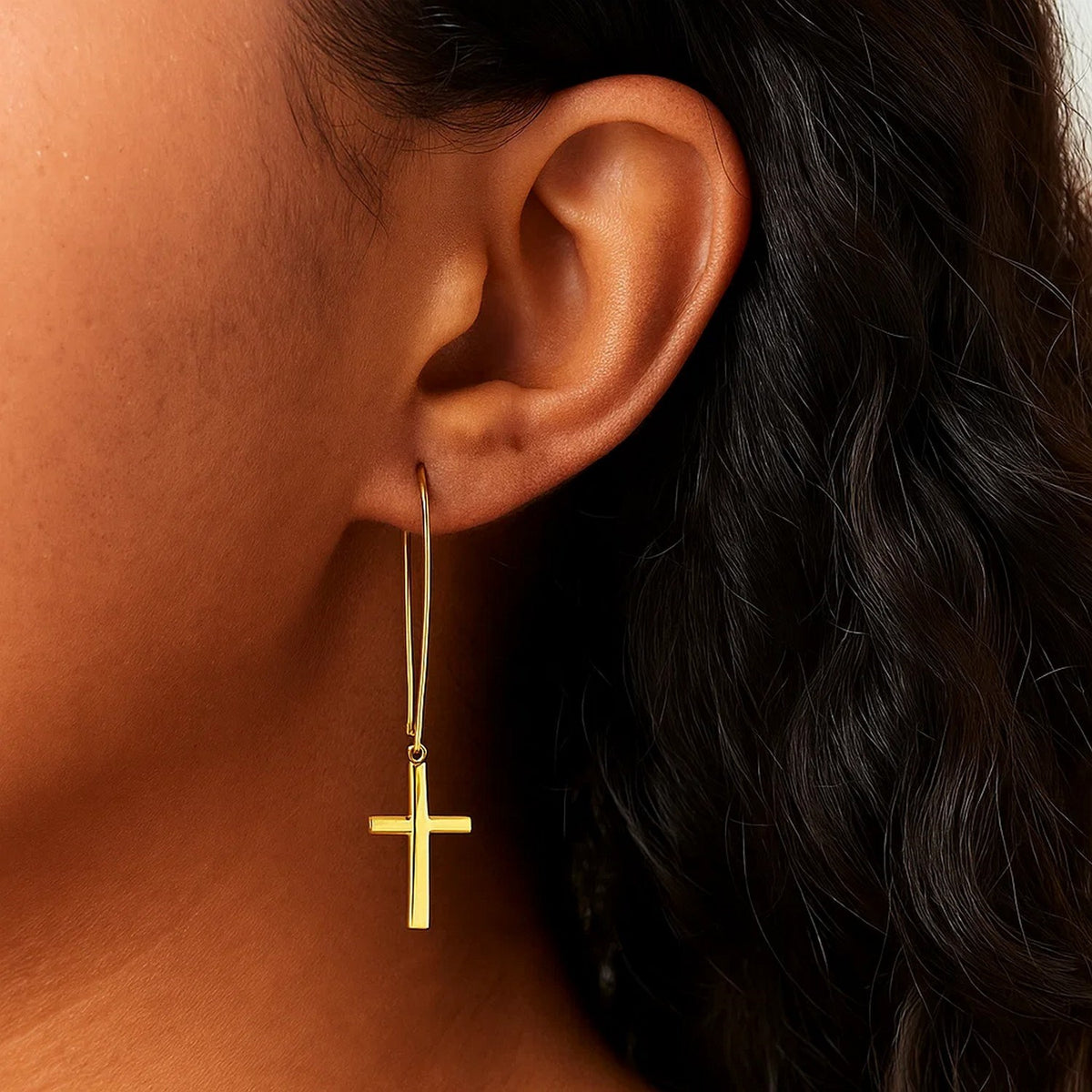 14k Yellow Gold Dangle Cross Earrings