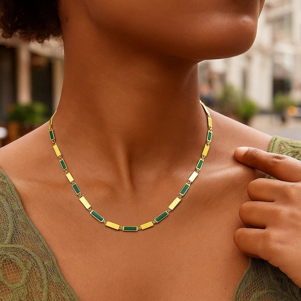 14K Yellow Gold Malachite Rectangle Links Necklace (3.50 mm)