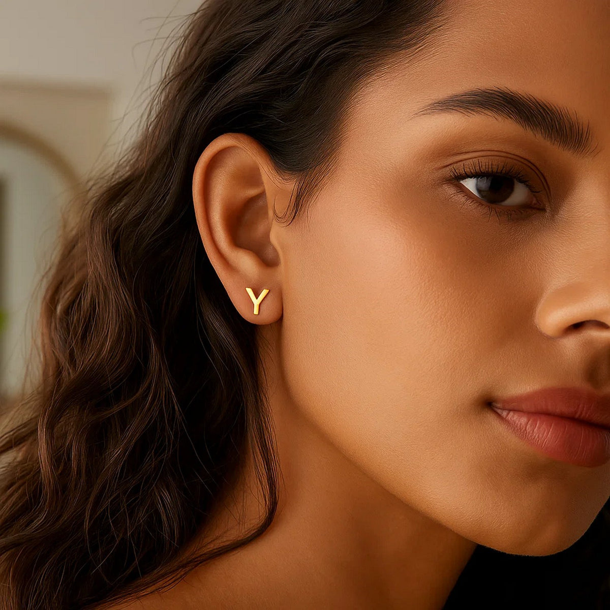 14K Yellow Gold Yours Truly Initial Y Stud Earrings