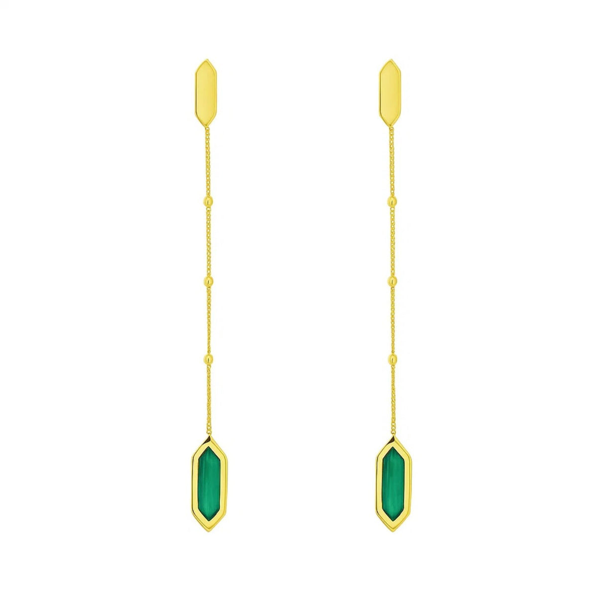 14K Yellow Gold Hexagon Malachite Drop Earrings