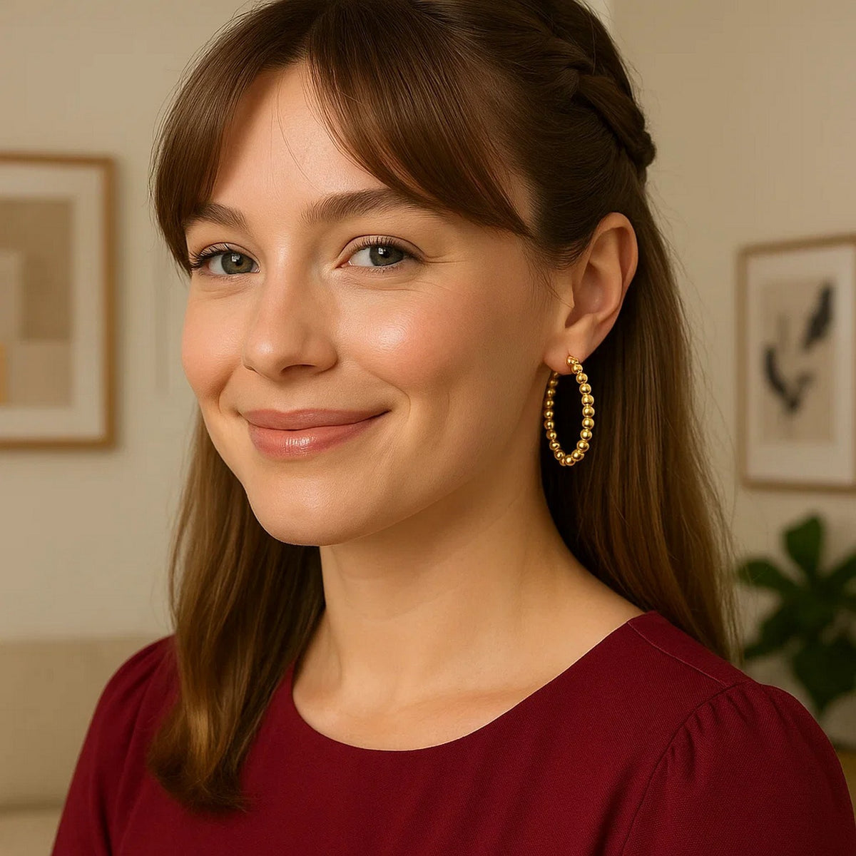 14K Yellow Gold Polished Large Bead Hoop Earrings