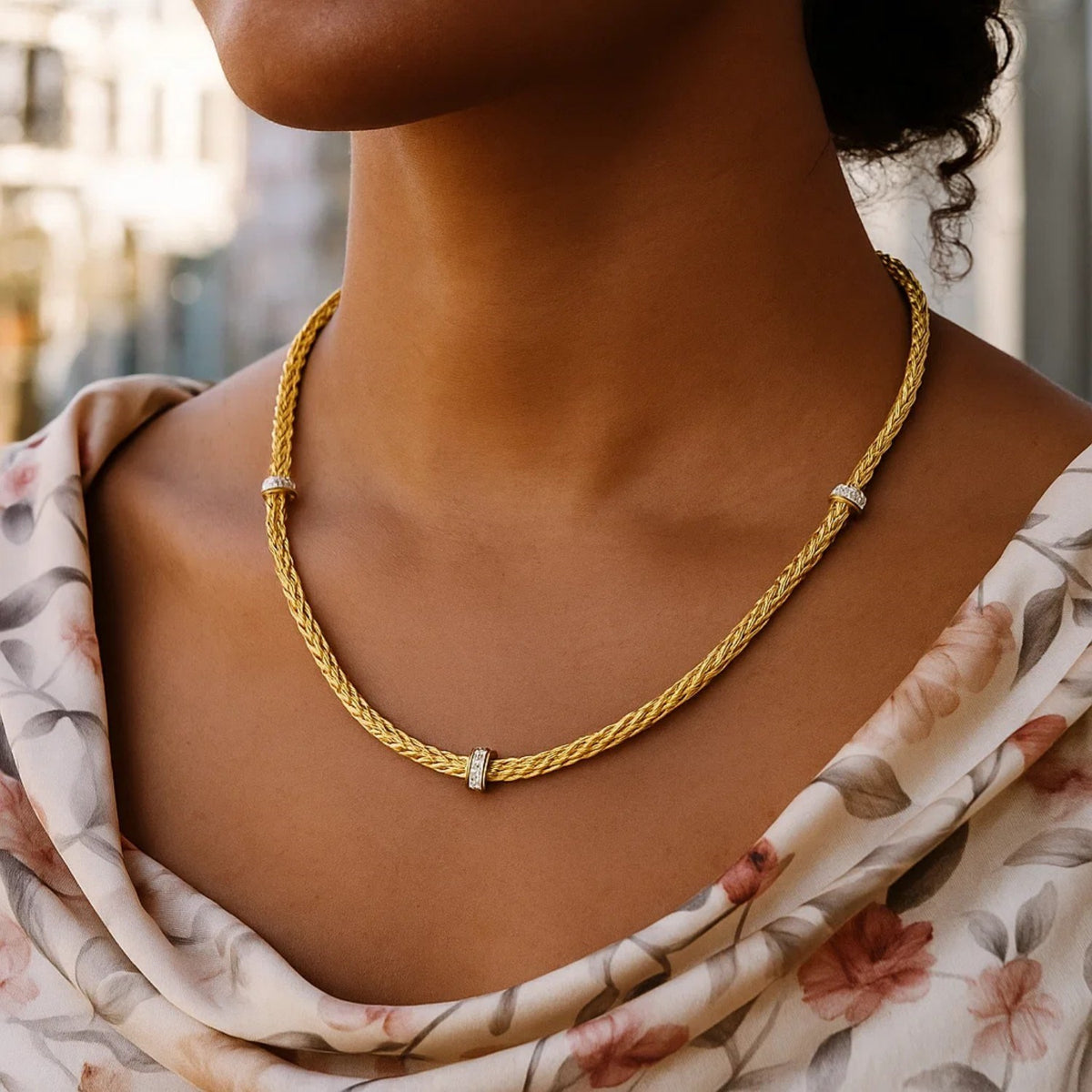 Woven Rope Necklace with Diamond Accents in 14k Yellow Gold